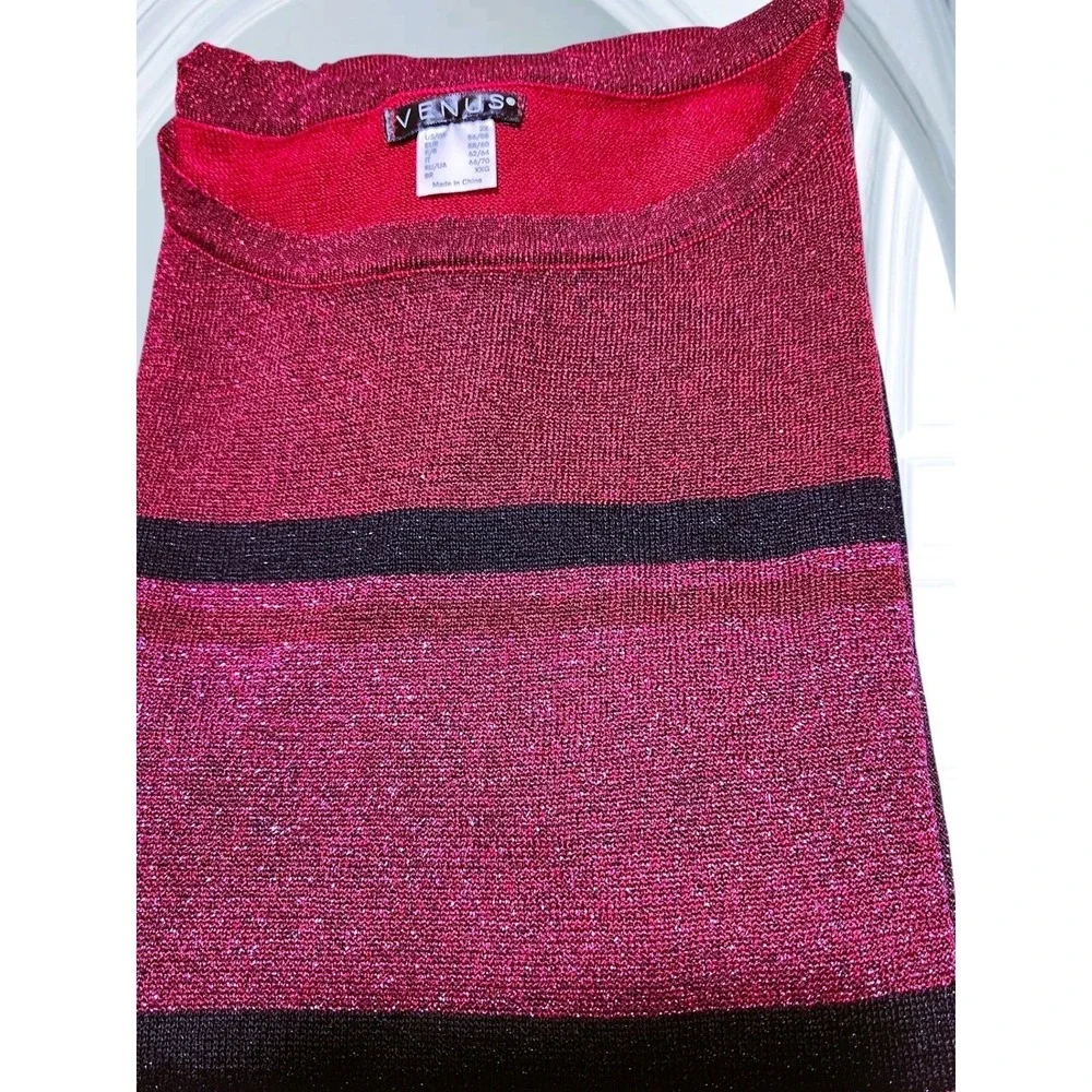 Venus Womens 2X Metallic Sparkle Striped Sweater Burgundy‎ Black Scoop Neck Knit
